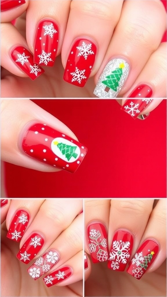 Festive red Christmas nail art designs with snowflakes, trees, and glitter.